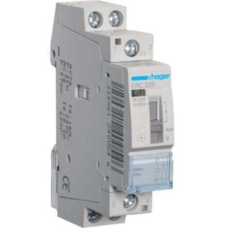 Hager – Contacteur pour tableau électrique 25A – 2 contacts à ouverture – Tension 230V – Charge max 3000W – Cursuer pour commutation manuelle - ERC226