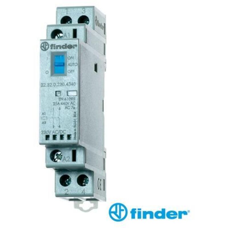 223202304340PAS contacteur modulaire 230 vac/dc 2 no 25 a AGSNO2 indicateur mécanique/led avec sélecteur - Finder
