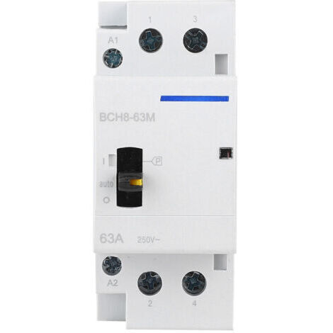 Contacteur AC 63A 230V pour usage domestique, montage sur rail DIN, interrupteur manuel (2 contacts normalement ouverts).