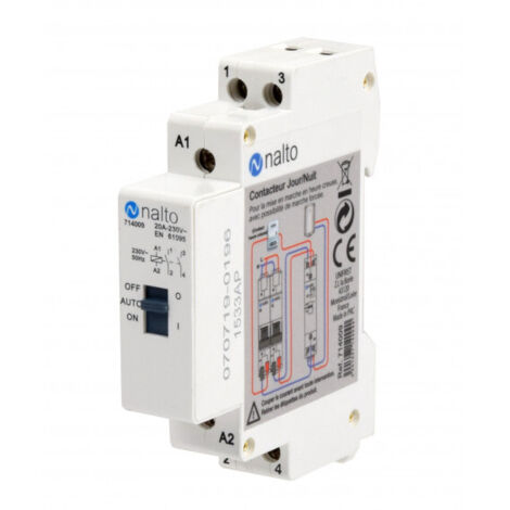 Contacteur jour et nuit 20A – 2 pôles normalement ouverts – Tension 230V – Intensité 20A – Module de commande IP20 – Nalto