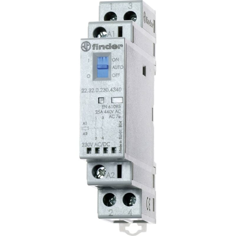 223200124340PAS contacteur modulaire 12 vac/dc 2 no 25 a AGSNO2 indicateur mécanique/led avec sélecteur - Finder