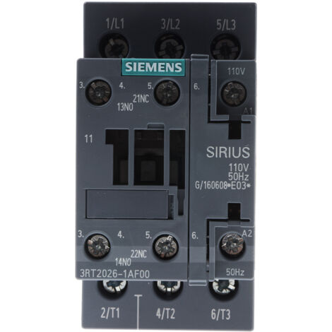 Contacteur Siemens série 3RT2, 3 pôles , 3NO, 25 A, 110 V c.a., 11 kW ( Prix pour 1 )