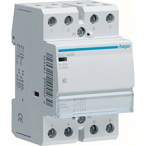 Hager – Contacteur silencieux 63A 4F 400V – Protection contre surcharges et courts-circuits – Design compact pour tableaux électriques - ESC463S