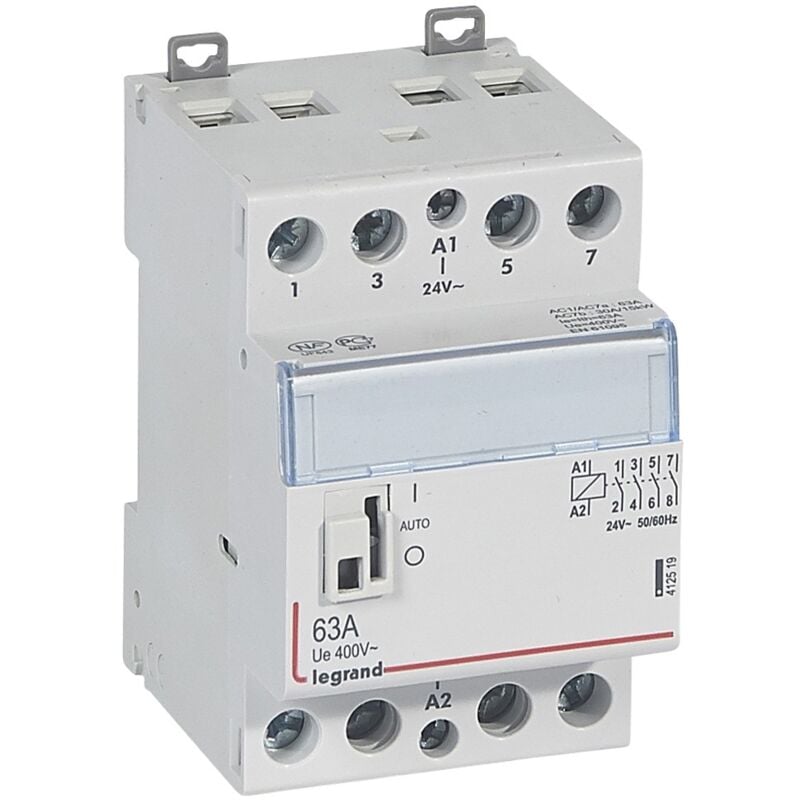 Contacteur tetrapolaire commande manuelle 24V 400V 63A 2 modules Legrand 412519