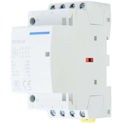 Contactor de CA de 4 polos y 20 A, 2 NA+2 NC, para montaje en riel DIN – Compatible con 220–230 V, instalación fácil y fiable para uso doméstico.