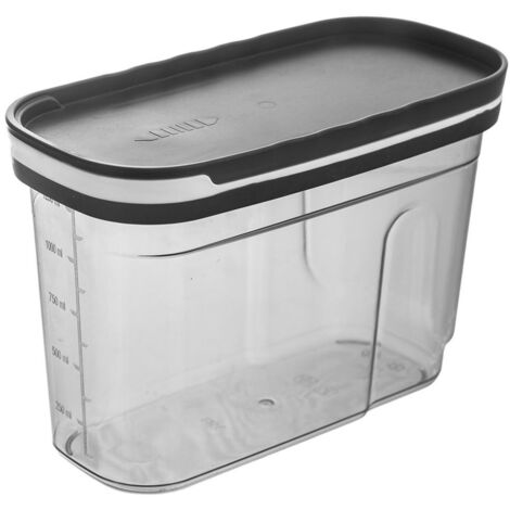 Container with dosing lid and measuring scale for dry goods