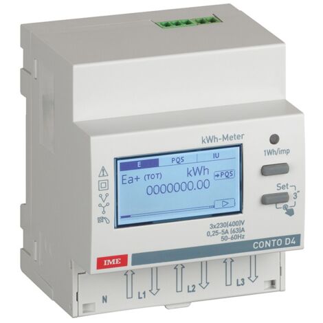 Contatore di energia attiva/reattiva trifase 4 fili TA 5/63A con display per guida DIN CONTO D4-Pt IME CE4TB0PCL1