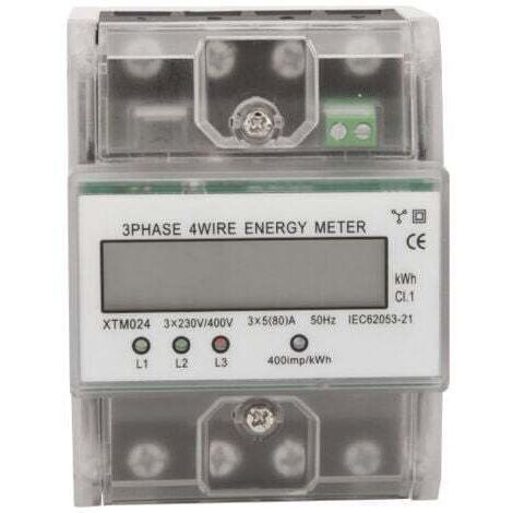 Contatore di energia trifase a 4 fili, 220/380 V, 5-80 A, consumo energetico in kWh, montaggio su guida DIN, contatore elettrico digitale con schermo LCD retroilluminato, modello: Trasparente