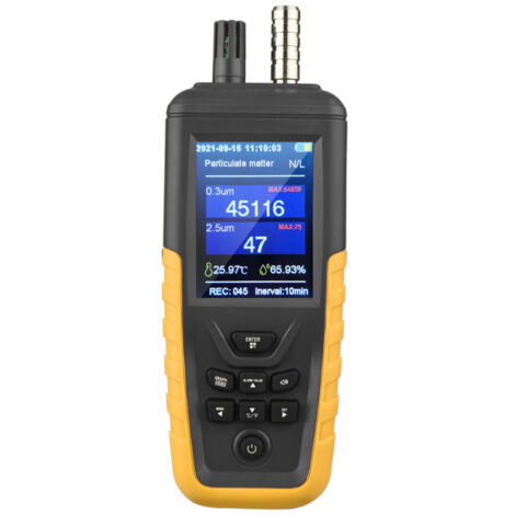 Contatore di particelle 3 canali (0,3 µm/2,5 µm/10 µm PM2.5 PM10), schermo TFT colori 3,2 pollici, ricaricabile, tester qualità aria, monitoraggio temperatura e umidità