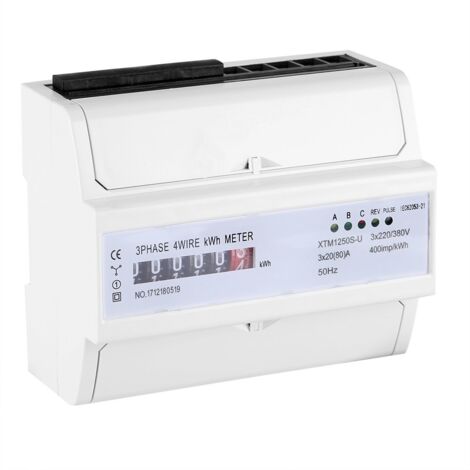 Contatore elettrico digitale multifunzione AC 220V 20 (80) A per guida DIN, XTM1250S-U Contatore KWh digitale trifase a 4 fili per guida DIN a 6 cifre