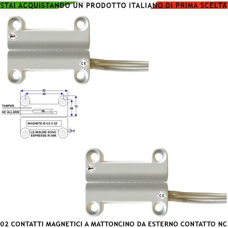 Contatto Magnetico a Mattoncino da Esterno 2 Pezzi Per Allarme Porte Infissi Sensore Reed NC Ampolla Sottovuoto Campo Magnetico 13 mm Tensione Max 30 V Carico Resistivo 1 A IP65 4 Fili 2 NC 2 Tamper