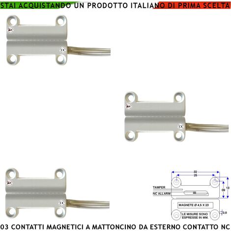 Contatto Magnetico a Mattoncino da Esterno 3 Pezzi Per Allarme Porte Infissi Contatto Reed NC Sottovuoto Sensibilità Magnetica 13 mm Tensione Max 30 V Carico Resistivo 1 A IP65 4 Fili 2 NC e 2 Tamper