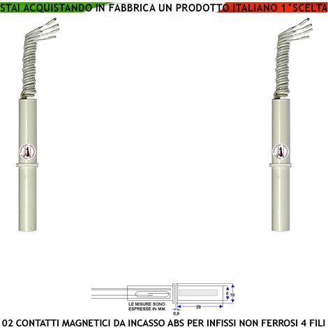 Contatto Magnetico Forma Cilindrica da Incasso Due Sensori Magnetici 8 mm Reed Uscita NC Collegamento 4 Fili Tensione Transito Max 100 V 10W Carico Resistivo Antifurto Infissi Non Ferrosi Prot.ne IP65