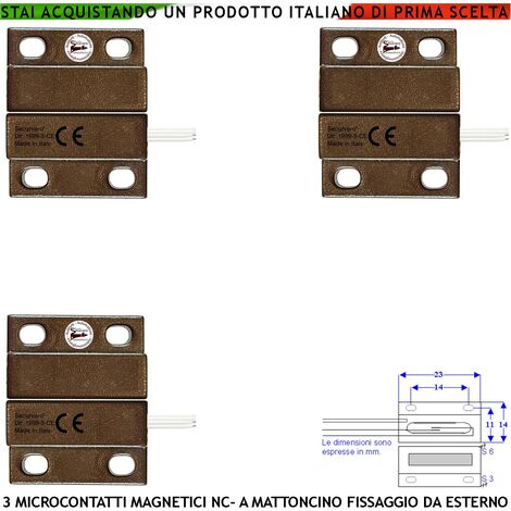 Contatto Magnetico Micro Marrone Per Allarme di Infissi 3 Pezzi Reed NC in Ampolla Sottovuoto Campo Attrazione 10 mm Tensione Max 100 V Corrente 1 A Contenitori Con Fori di Fissaggio IP65 4 Fili