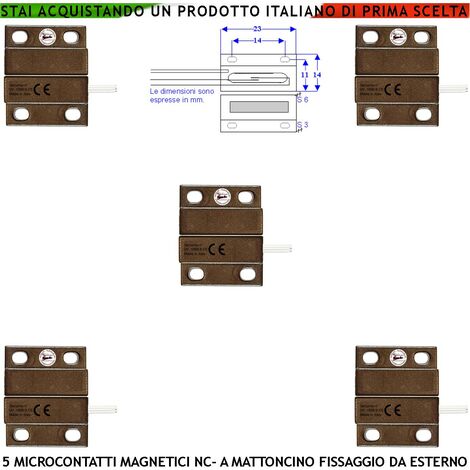 Contatto Magnetico Micro Marrone per Allarme di Infissi 5 Pezzi Reed NC in Ampolla Sottovuoto Campo Attrazione 10 mm Tensione Max 100 V Corrente 1 A Contenitori con Fori di Fissaggio IP65 4 Fili