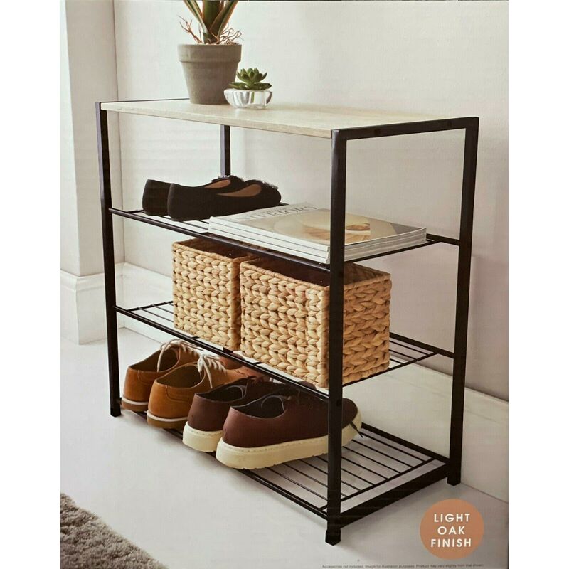 Contemporary 4 Tier Storage Shoes Rack Black Metal Frame Oak Finish Top Home