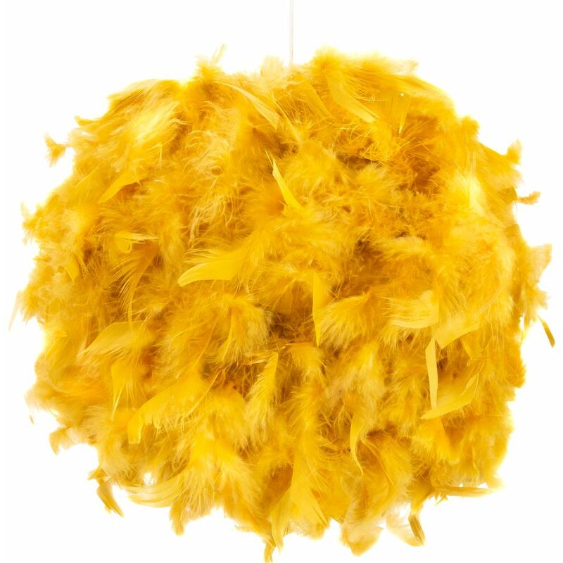 Contemporary and Unique Large Ochre Real Feather Decorated Pendant Light Shade by Happy Homewares