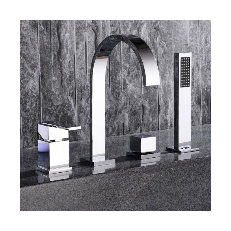 Contemporary deck-mount tub faucet with high spout and hand shower in polished chrome