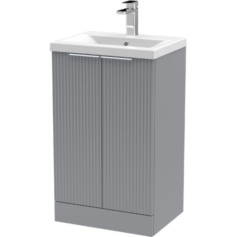 Contemporary Fluted Front Floor Standing 2-Door Bathroom Vanity Unit with 1 Tap Hole Ceramic Basin, 500mm, Satin Grey