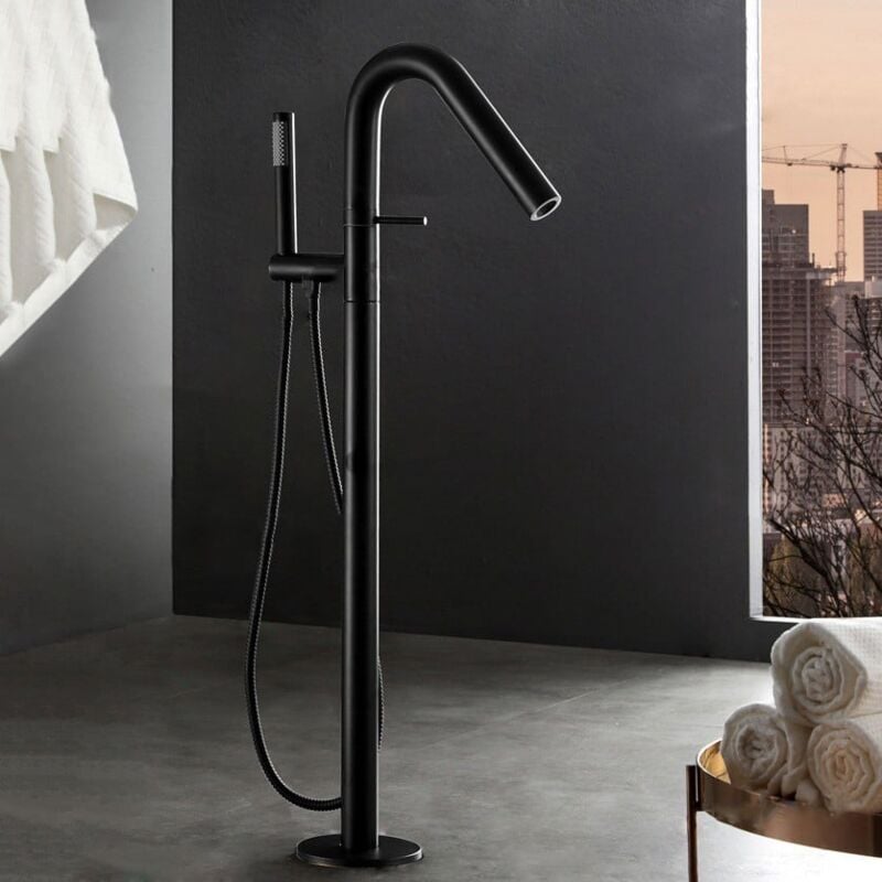 Contemporary freestanding bathtub faucet with floor mounting and hand shower Black