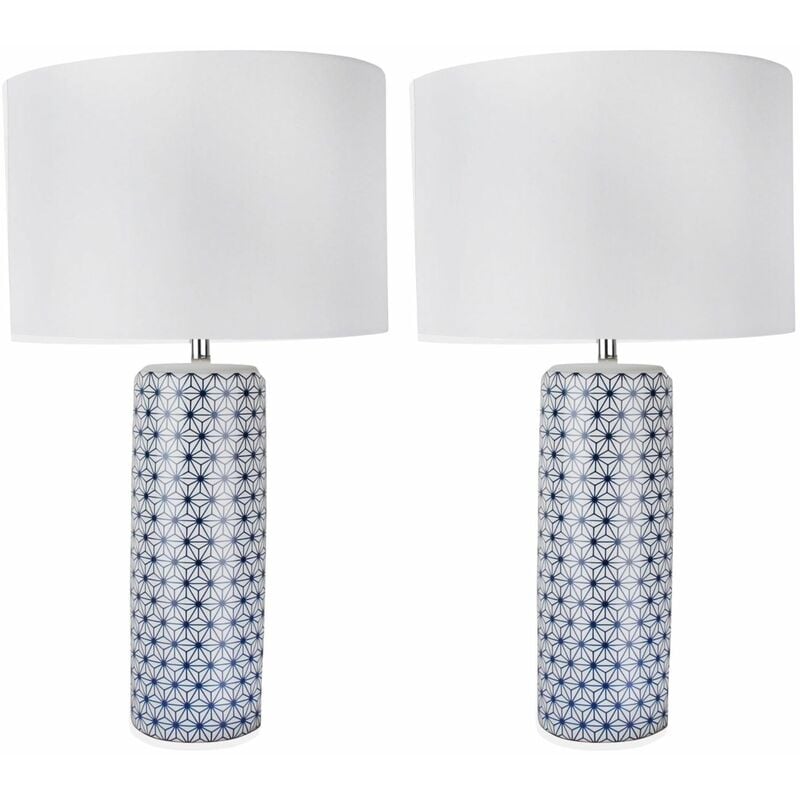 Set of 2 White and Navy Blue Moorish Decal 52cm Table Lamps