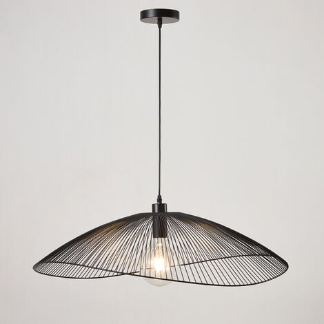 HARPERLIVING Contemporary Large Black Pendant Ceiling Light. Decorative shade with curved metal threads, 80cm Diameter Adjustable height