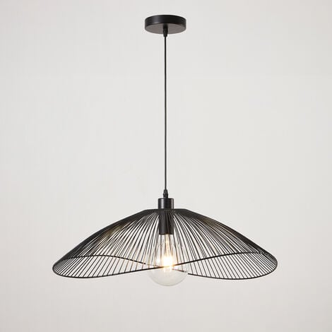 HARPERLIVING Contemporary Medium Black Pendant Ceiling Light. Decorative shade with curved metal threads, 65cm Diameter. Adjustable height