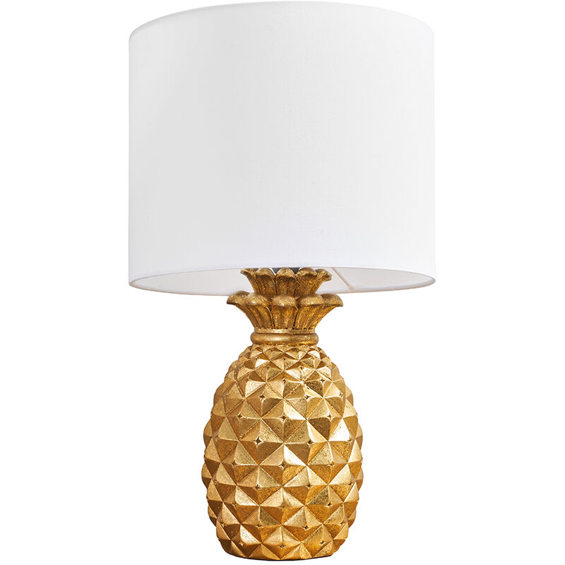 Contemporary Pineapple Design Table Lamp in a Gold Effect Finish with a White Cylinder Shade - Complete with a 4w LED Bulb 3000K Warm White