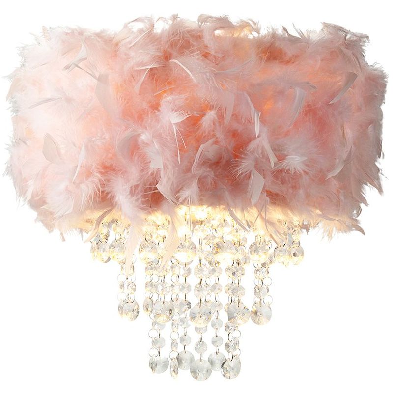 Contemporary Pink Feather Pendant Light Shade with Transparent Acrylic Droplets by Happy Homewares