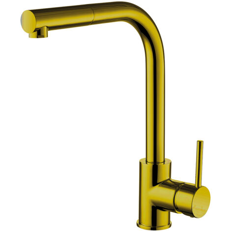 Contemporary Pull Out Single Lever Kitchen Mixer Tap, Brushed Gold