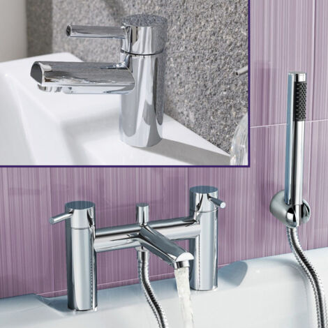 Contemporary Round Bridge Deck Mounted Bath Shower Mixer With Handset And Basin Single Lever Mixer Tap Set