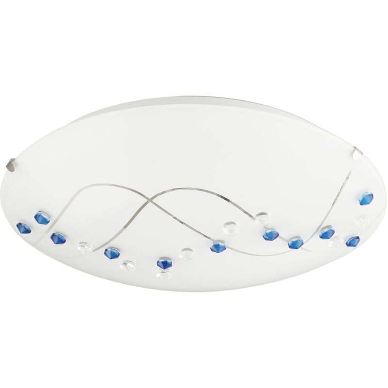 Happy Homewares - Contemporary Round Opal Glass Ceiling Light with Blue and Clear Crystal Buttons by Blue