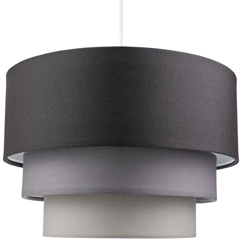 Contemporary Round Triple Tier Soft Grey Cotton Fabric Pendant Light Shade by Happy Homewares