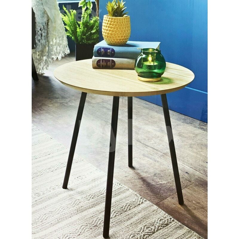 Dylex - Contemporary Round Wooden Side Table With Black Metal Legs