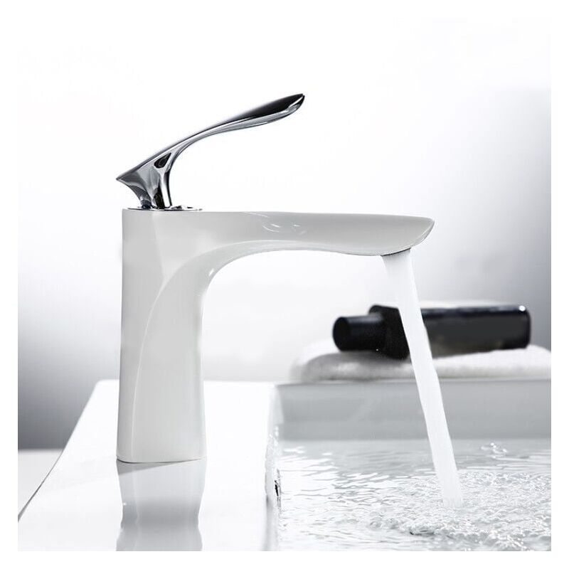 Contemporary single-lever basin tap in solid brass White