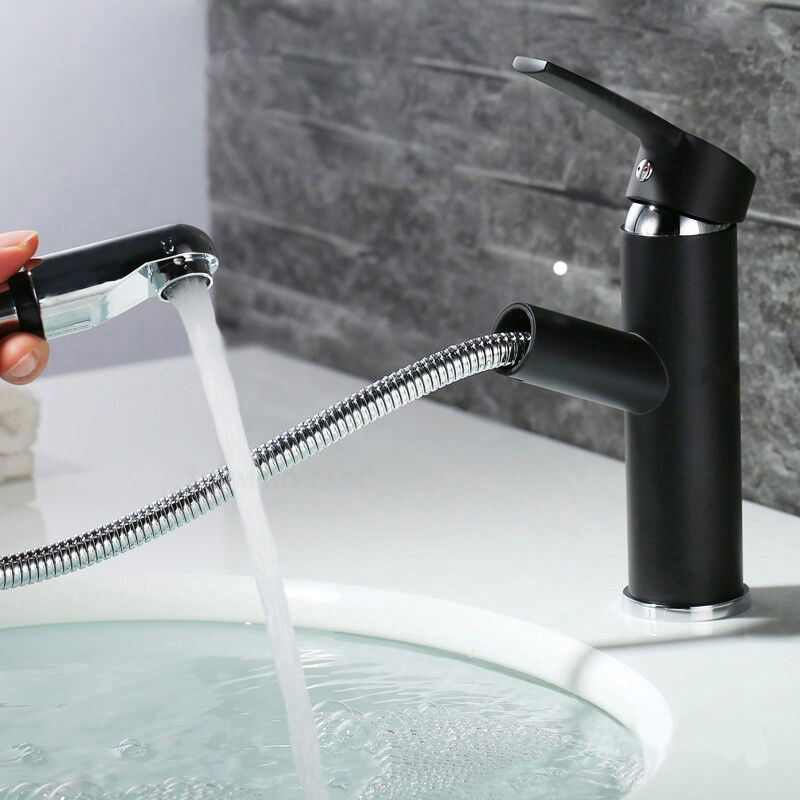 Contemporary single lever basin tap with extractable hose in black stainless steel