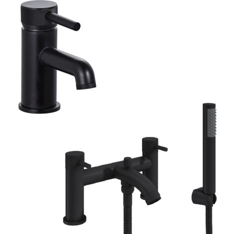 Contemporary Single Lever Handle Mono Basin Tap and Bath Shower Mixer Set - Black
