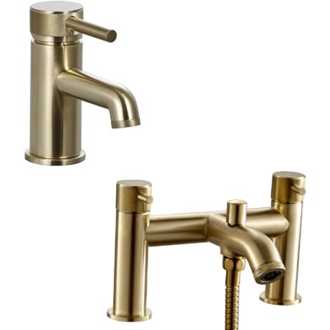 Contemporary Single Lever Handle Mono Basin Tap and Bath Shower Mixer Set - Brushed Brass