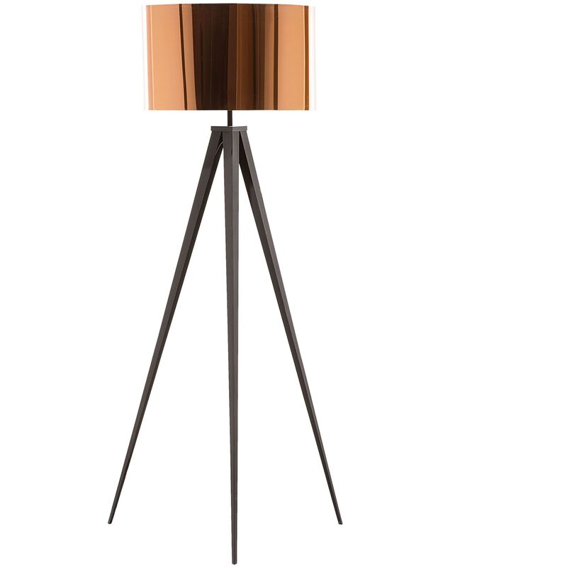 Contemporary Tripod Floor Lamp Black Legs Copper Drum Shade Stiletto