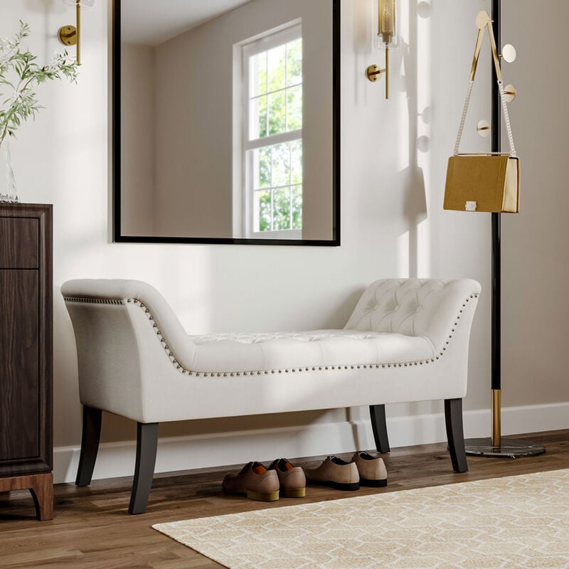 Contemporary Velvet Buttoned Bench with Black Wood Legs