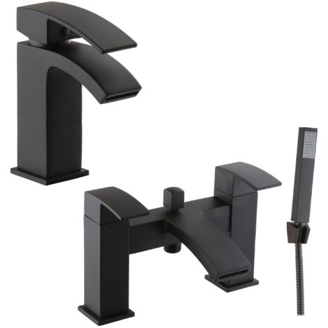 Contemporary Waterfall Mono Basin Mixer Tap and Bath Shower Mixer Tap Set - Black