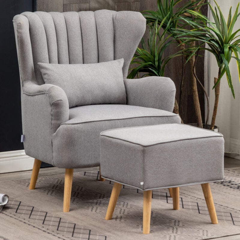 Contemporary Wing Back Armchair and Ottoman Set with Cushion and Footstool