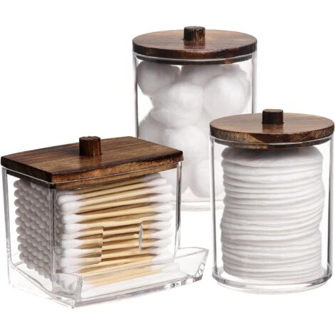 Contenant Pour Coton-Tiges - Bocal En Plastique Transparent Avec Couvercle En Bois - Organisation Salle De Bain Cuisine Salon - 7 Oz Et 10 Oz - Lot De 3