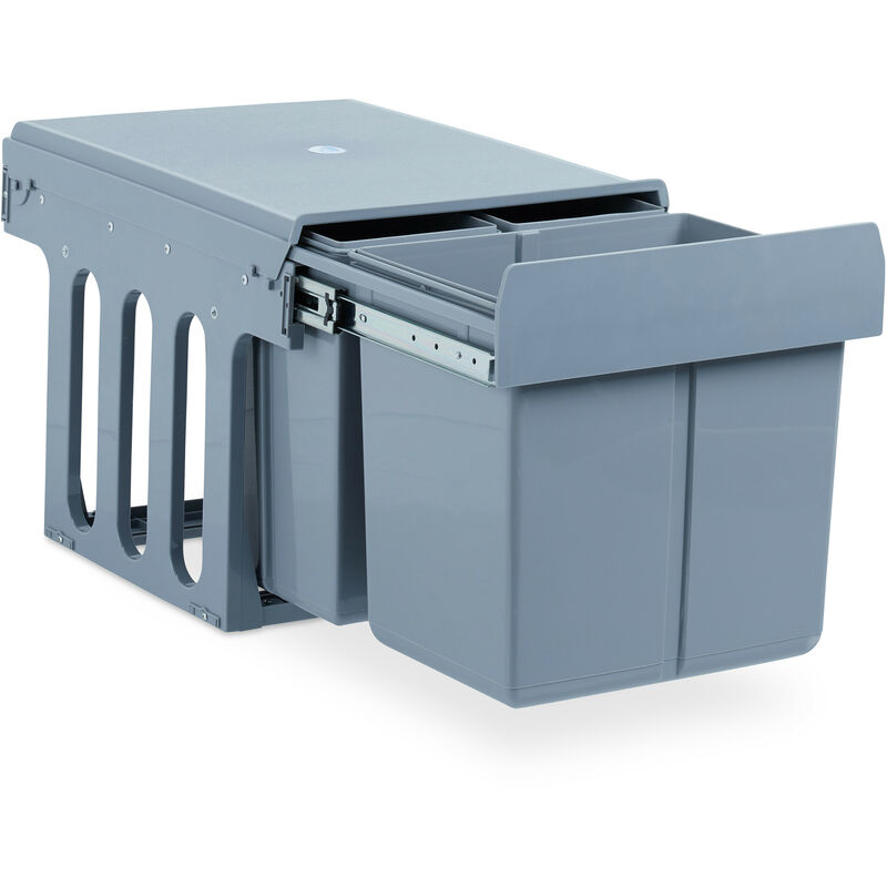 

Contenedor de Basura para la Cocina, Cubo Basura Tres Compartimentos, 15 y 8L, Plástico, 35x34x48 cm, Gris