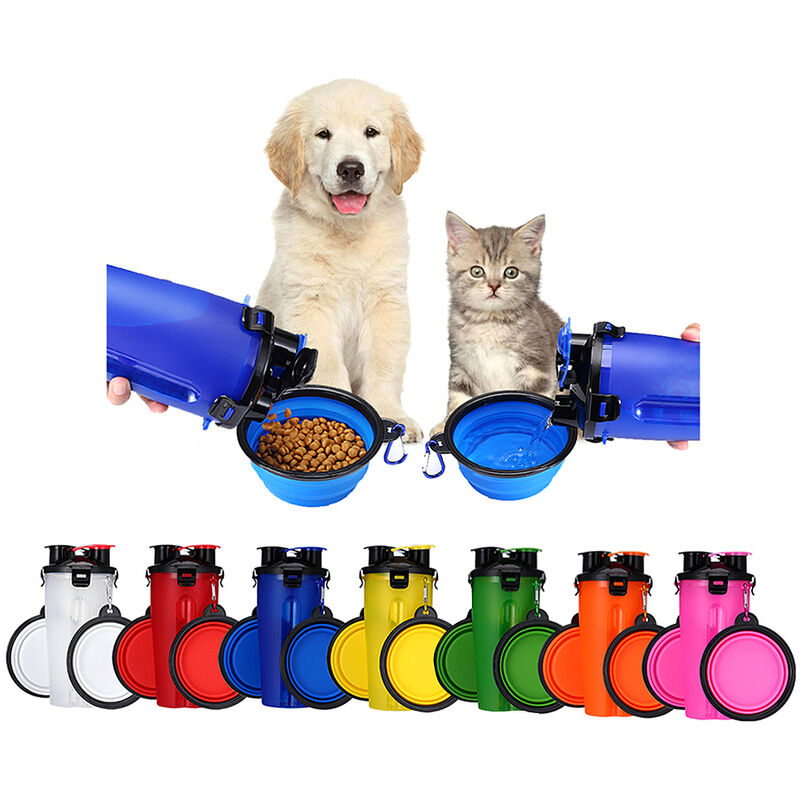 

Contenedor de comida de agua de viaje para perros y gatos 2 en 1, 1 botella, 2 cuencos plegables, para exteriores, portatiles, para beber,