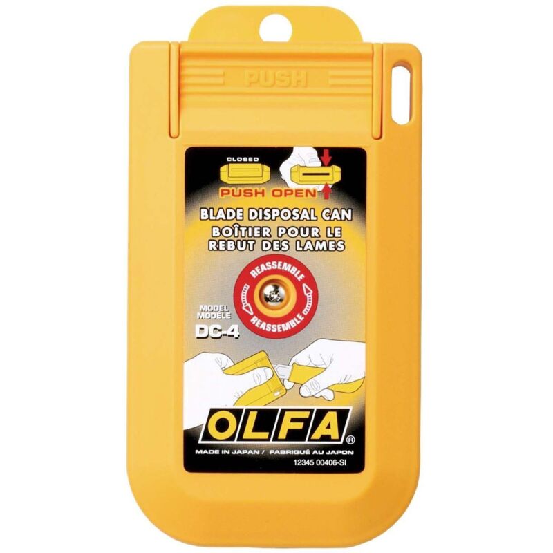 Contenedor de seguridad OLFA para cuchillas usadas con tapa y diseño compacto.