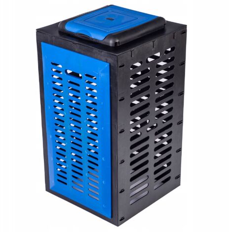 Contenedor modular con forma de tapa para bolsas de basura azules.