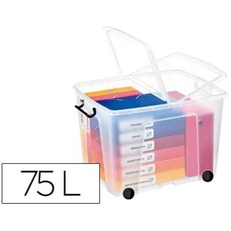 Contenedor plastico cep 75 litros 485x600x415 mm transparente con tapa cierre hermetico y 4 ruedas