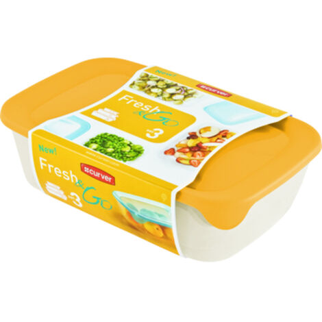 Contenedores Curver Freezer-Seguros Cuadrados de Almacenamiento de Alimentos con Tapa Amarilla, Set 3 Piezas (0.5L + 1L + 2L), Plástico Resistente, Ideal para Congelador.