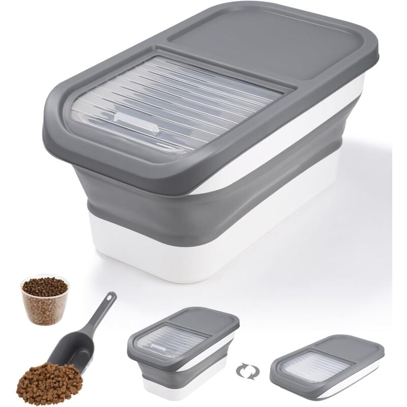 Aougo - Conteneur Croquette Nourriture pour Chien Chat 5KG, Boite à Croquettes Chien Seau de Stockage Pliable Container(gris)